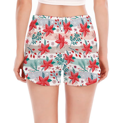 Cute Christmas Poinsettia Pattern Print Women's Split Running Shorts