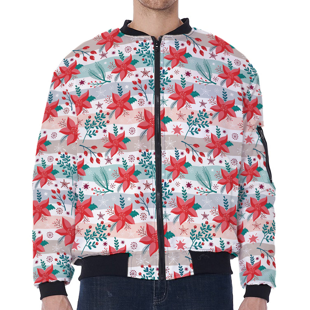 Cute Christmas Poinsettia Pattern Print Zip Sleeve Bomber Jacket