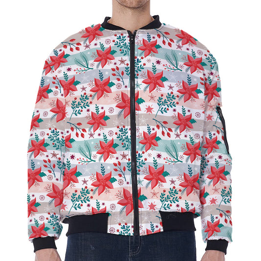 Cute Christmas Poinsettia Pattern Print Zip Sleeve Bomber Jacket