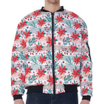 Cute Christmas Poinsettia Pattern Print Zip Sleeve Bomber Jacket