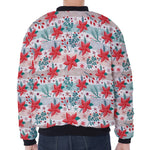 Cute Christmas Poinsettia Pattern Print Zip Sleeve Bomber Jacket