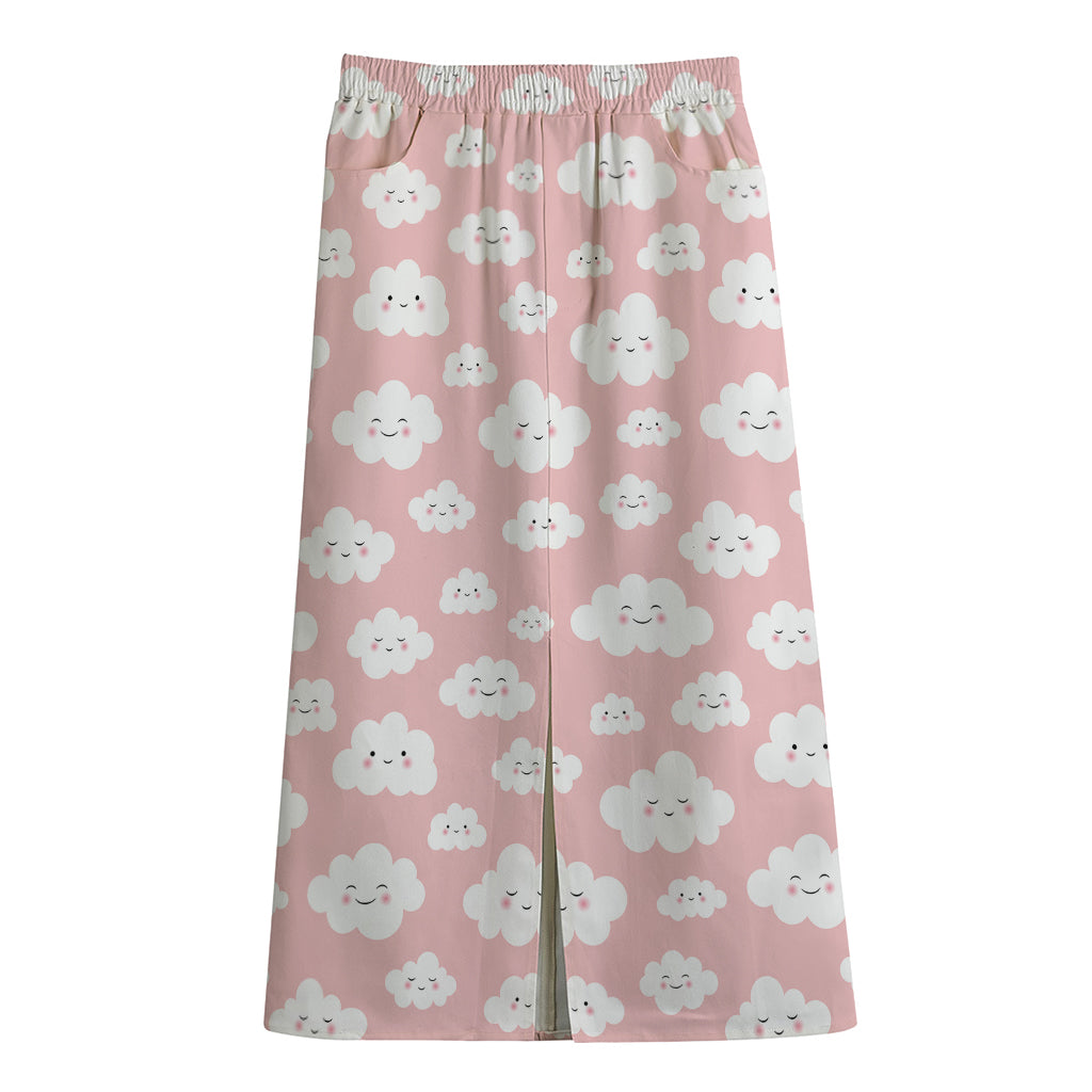 Cute Cloud Pattern Print Cotton Front Slit Maxi Skirt