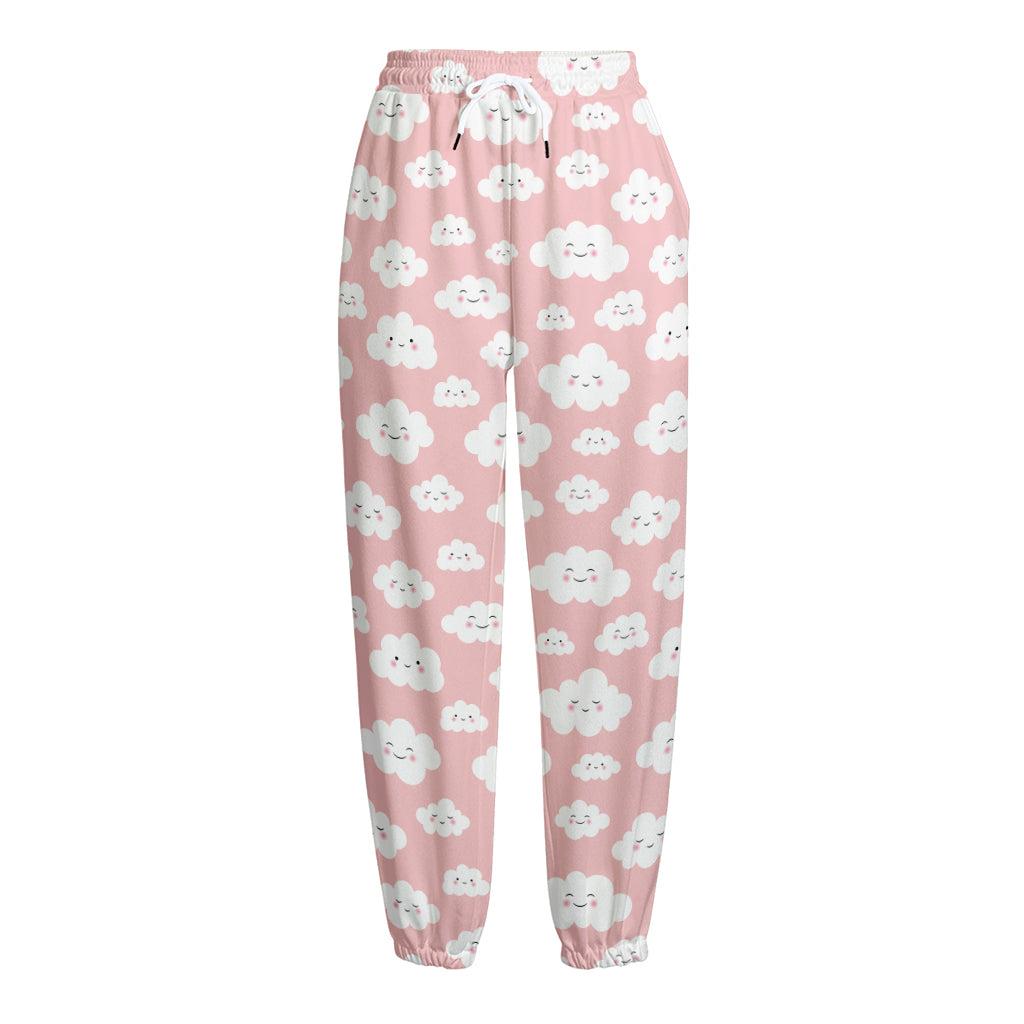 Cute Cloud Pattern Print Fleece Lined Knit Pants