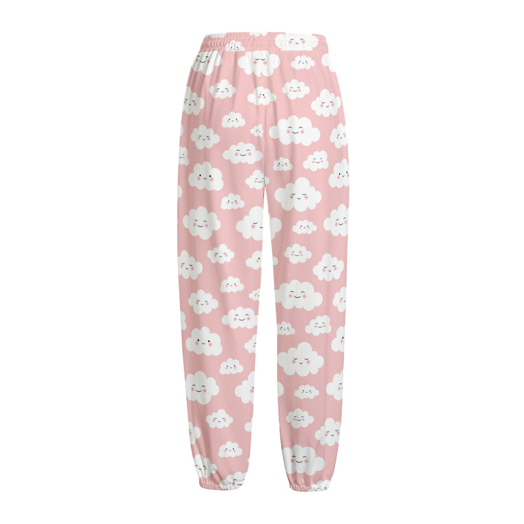 Cute Cloud Pattern Print Fleece Lined Knit Pants