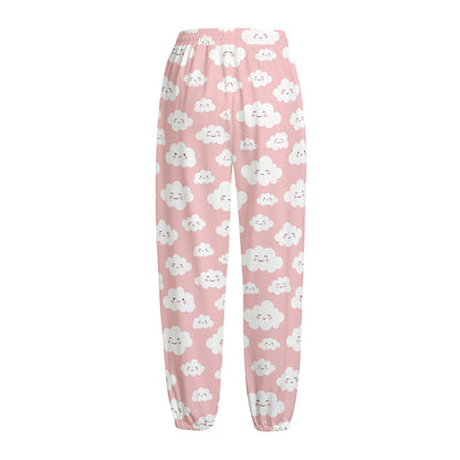 Cute Cloud Pattern Print Fleece Lined Knit Pants
