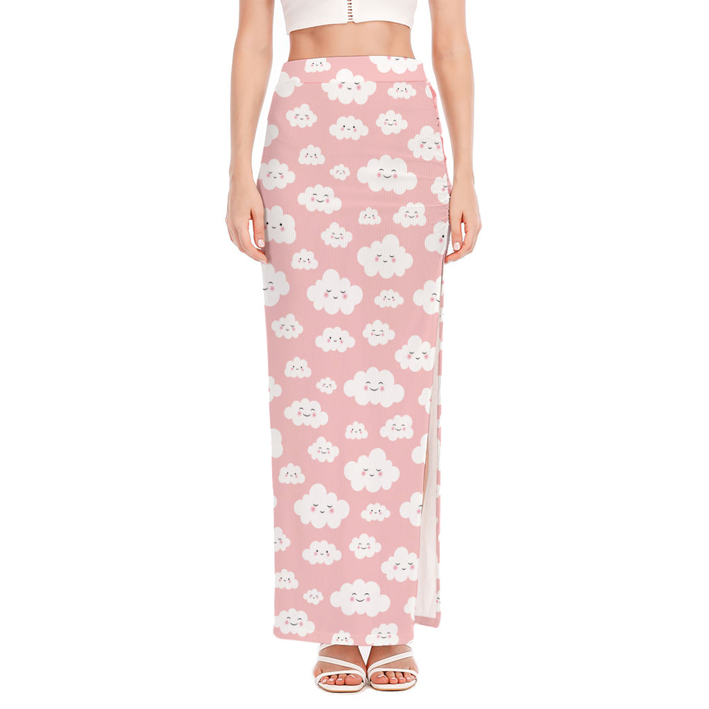 Cute Cloud Pattern Print High Slit Maxi Skirt