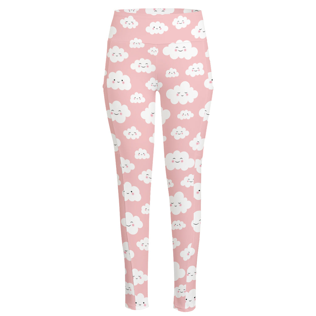 Cute Cloud Pattern Print High-Waisted Pocket Leggings