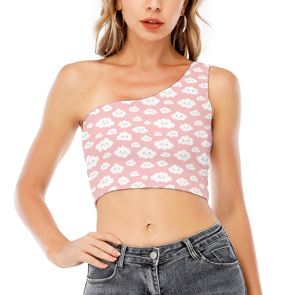 Cute Cloud Pattern Print One Shoulder Crop Top