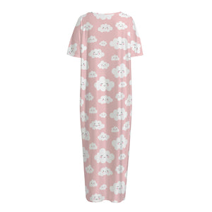 Cute Cloud Pattern Print Short Sleeve Long Nightdress