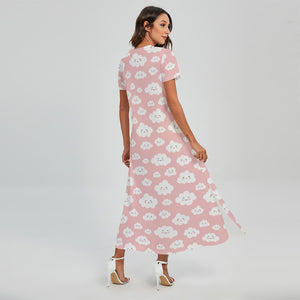 Cute Cloud Pattern Print Short Sleeve Maxi Dress