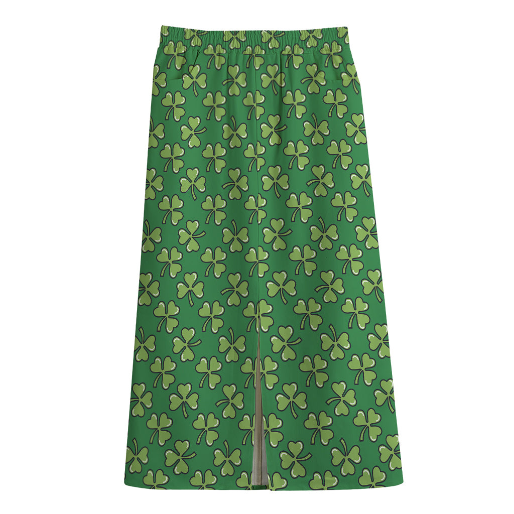 Cute Clover St. Patrick's Day Print Cotton Front Slit Maxi Skirt