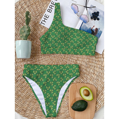 Cute Clover St. Patrick's Day Print One Shoulder Bikini Top