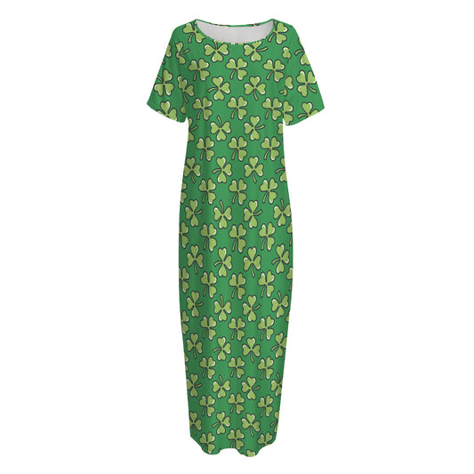 Cute Clover St. Patrick's Day Print Short Sleeve Long Nightdress