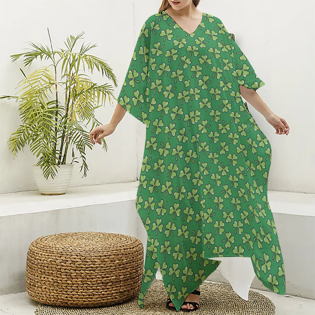 Cute Clover St. Patrick's Day Print Silk V-Neck Kaftan Dress