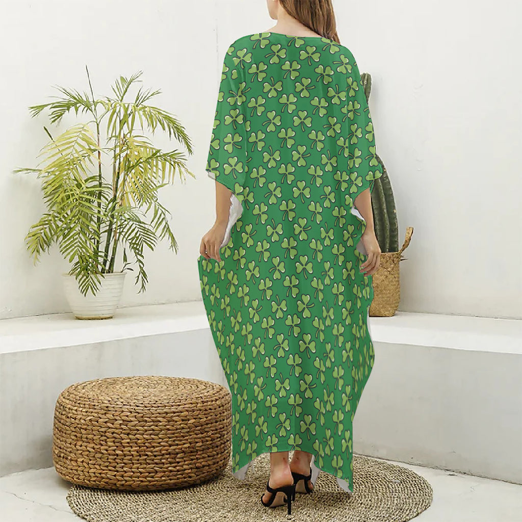 Cute Clover St. Patrick's Day Print Silk V-Neck Kaftan Dress