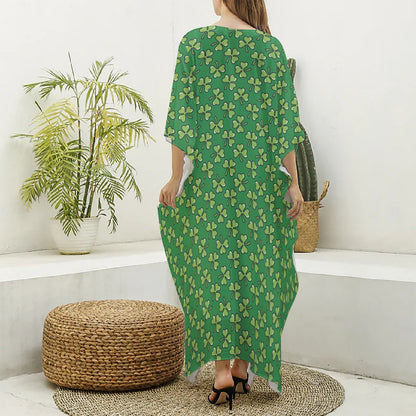 Cute Clover St. Patrick's Day Print Silk V-Neck Kaftan Dress