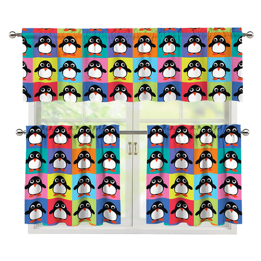 Cute Colorful Penguin Pattern Print 3 Piece Kitchen Curtains