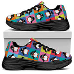 Cute Colorful Penguin Pattern Print Black Chunky Shoes