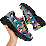 Cute Colorful Penguin Pattern Print Black Chunky Shoes