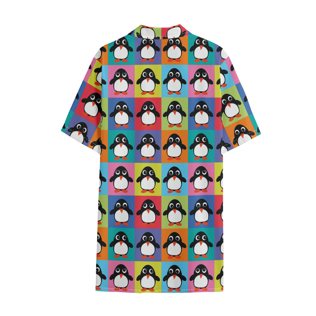Cute Colorful Penguin Pattern Print Cotton Hawaiian Shirt