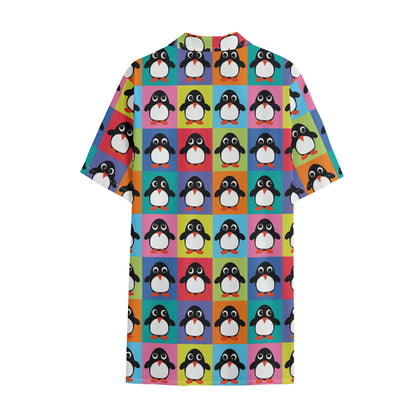 Cute Colorful Penguin Pattern Print Cotton Hawaiian Shirt