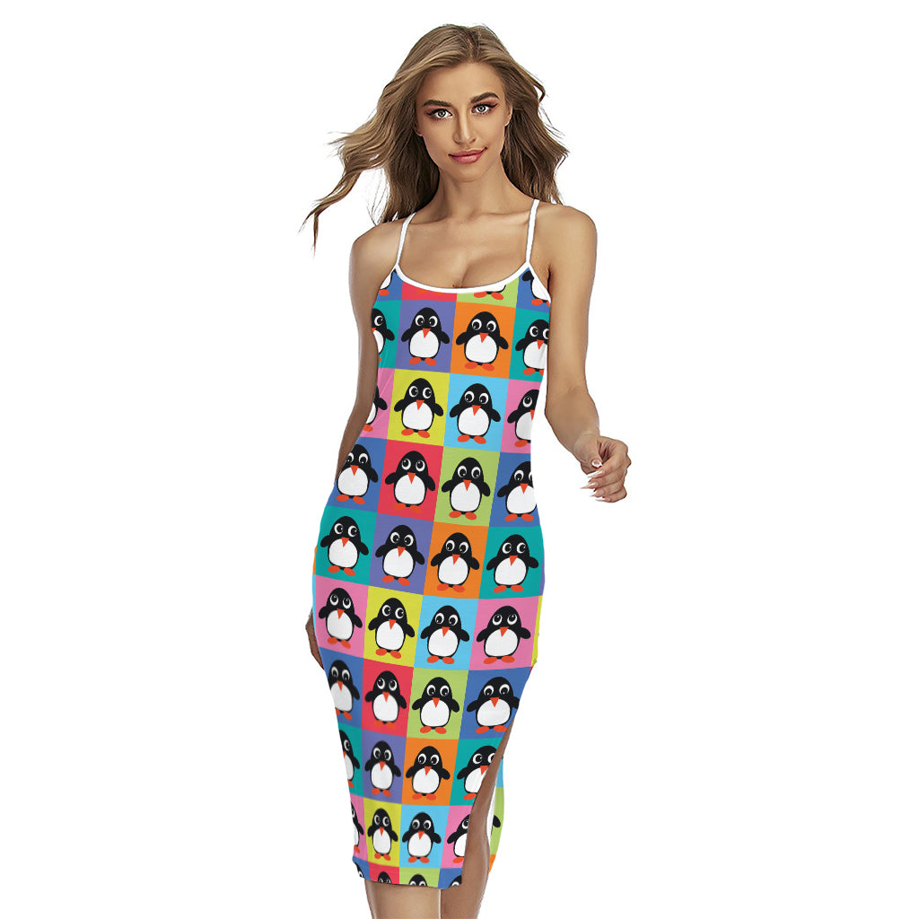 Cute Colorful Penguin Pattern Print Cross Back Cami Dress
