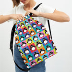 Cute Colorful Penguin Pattern Print Drawstring Backpack