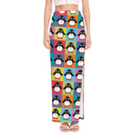 Cute Colorful Penguin Pattern Print High Slit Maxi Skirt