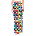 Cute Colorful Penguin Pattern Print High Slit Maxi Skirt