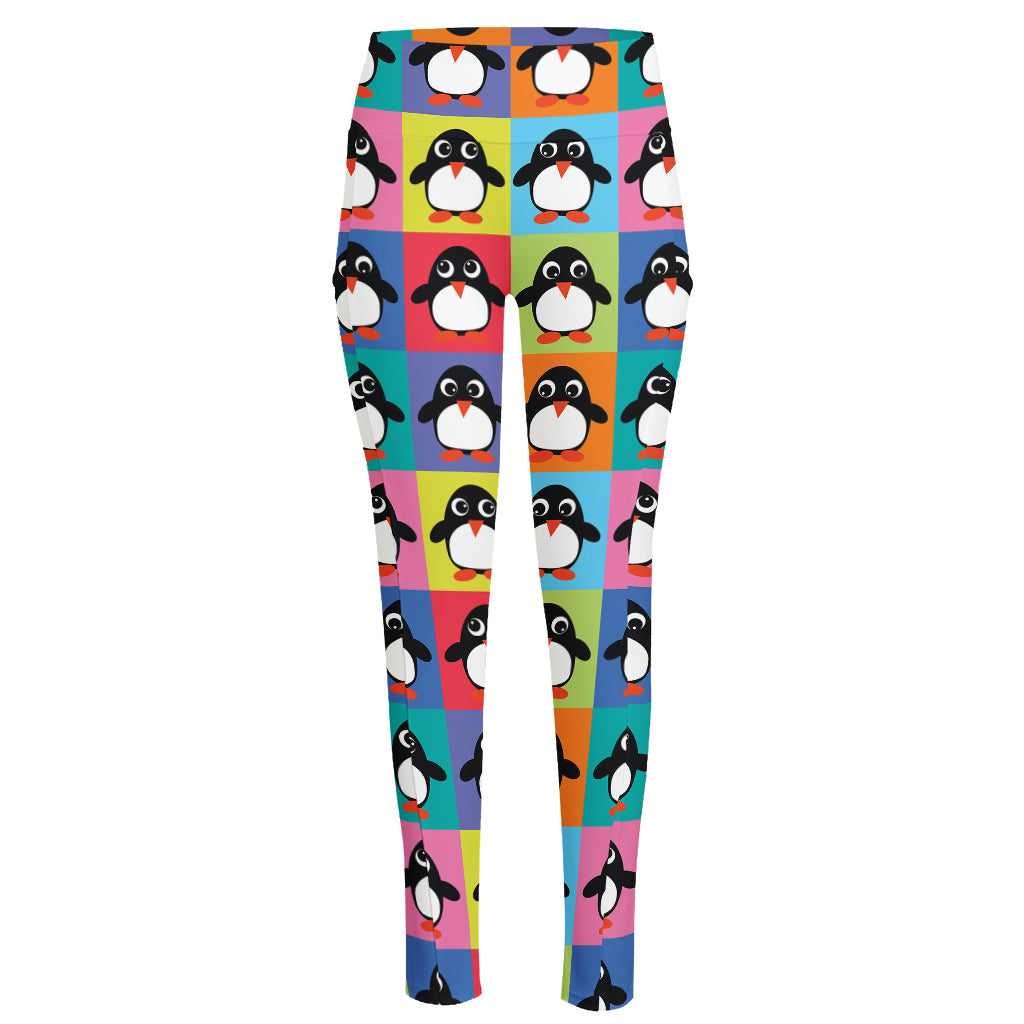 Cute Colorful Penguin Pattern Print High-Waisted Pocket Leggings