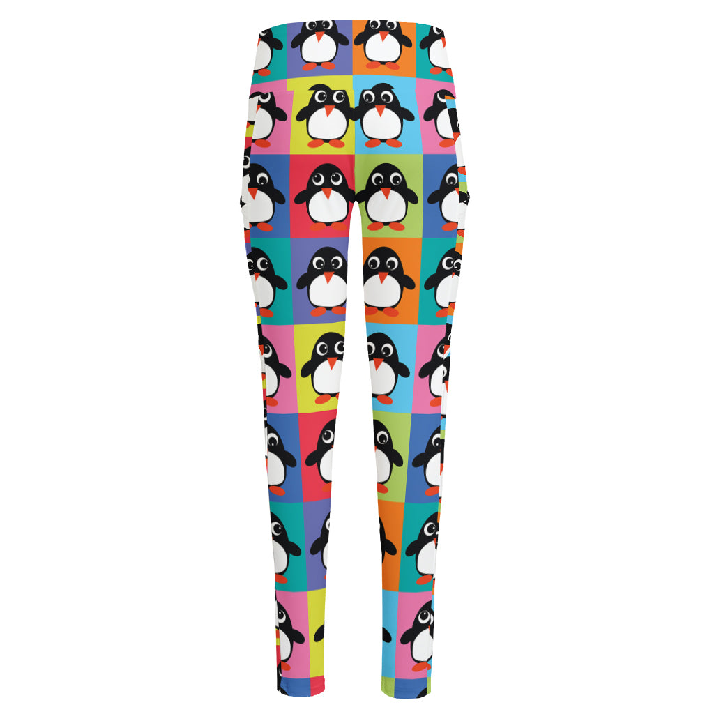 Cute Colorful Penguin Pattern Print High-Waisted Pocket Leggings