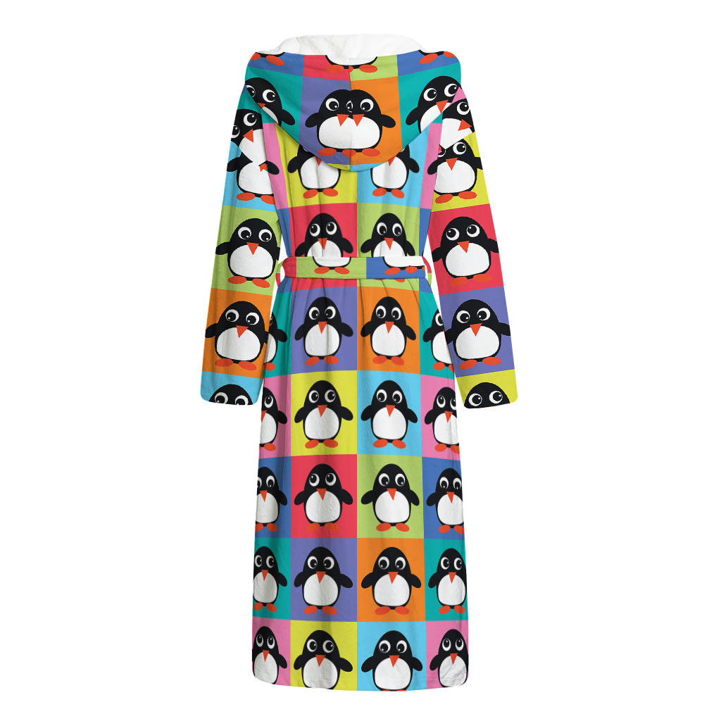 Cute Colorful Penguin Pattern Print Hooded Bathrobe