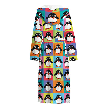 Cute Colorful Penguin Pattern Print Hooded Bathrobe