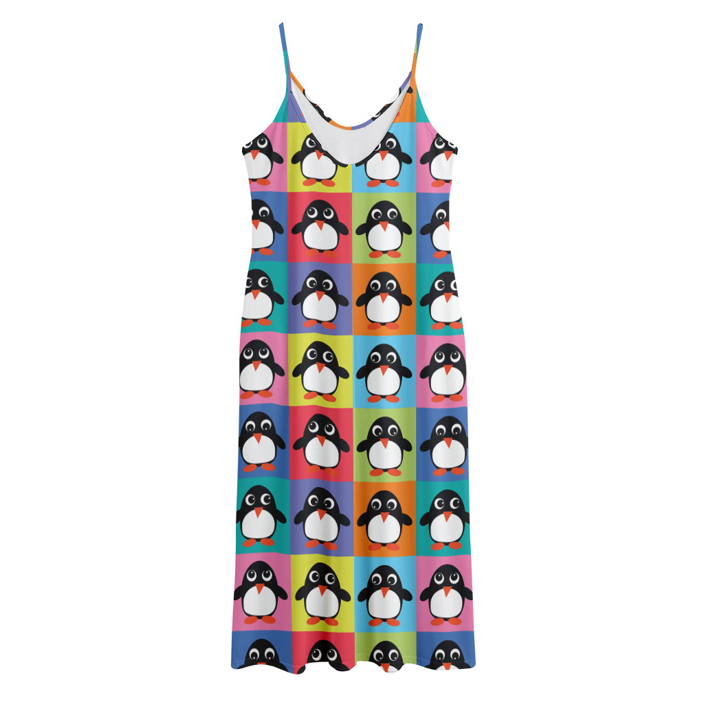 Cute Colorful Penguin Pattern Print Jersey Midi Cami Dress