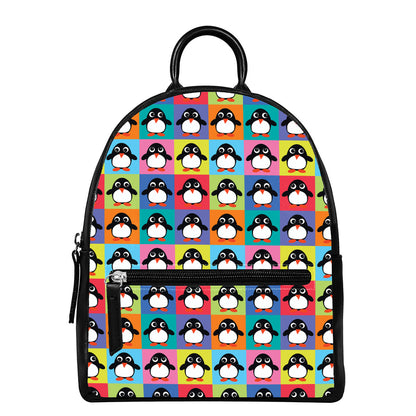 Cute Colorful Penguin Pattern Print Leather Backpack