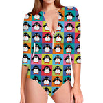 Cute Colorful Penguin Pattern Print Long Sleeve Swimsuit