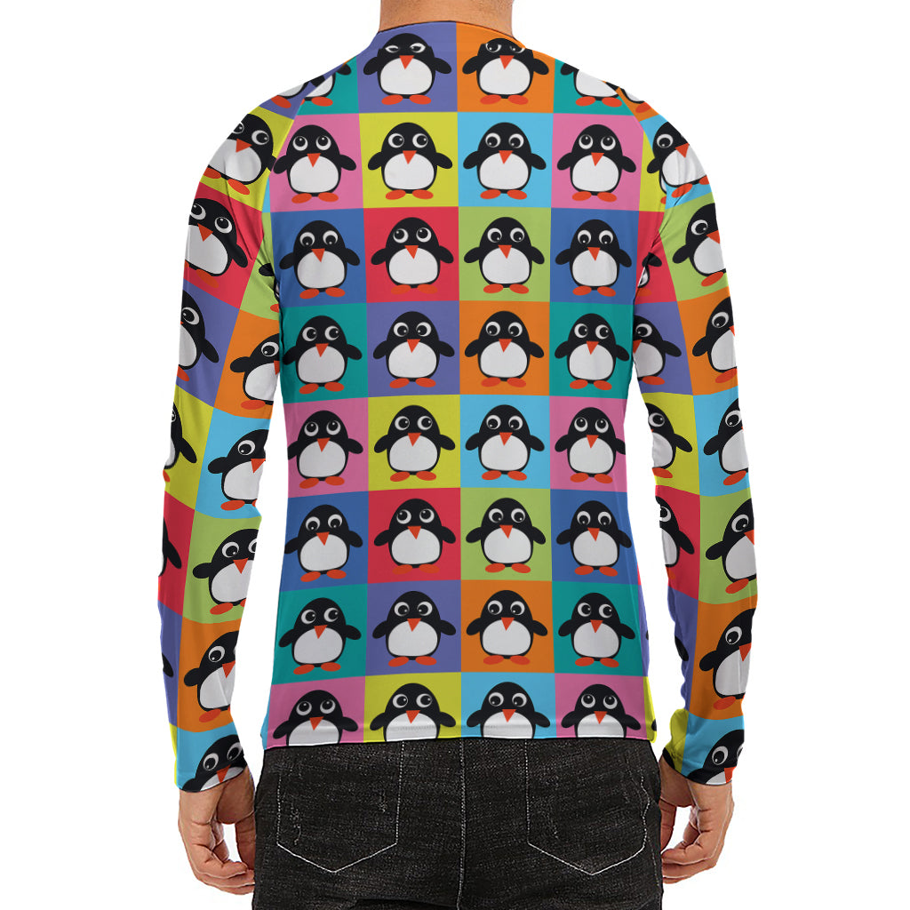 Cute Colorful Penguin Pattern Print Men's Long Sleeve Rash Guard
