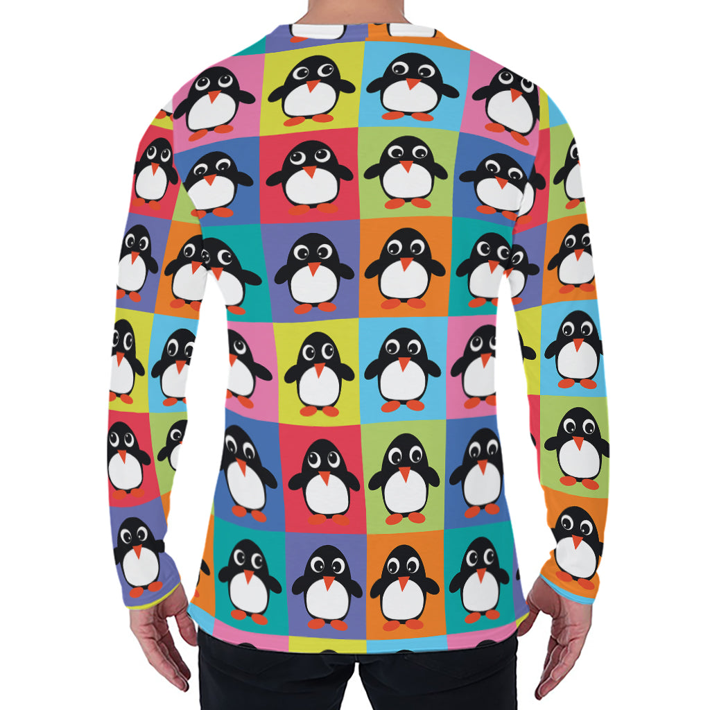 Cute Colorful Penguin Pattern Print Men's Long Sleeve T-Shirt