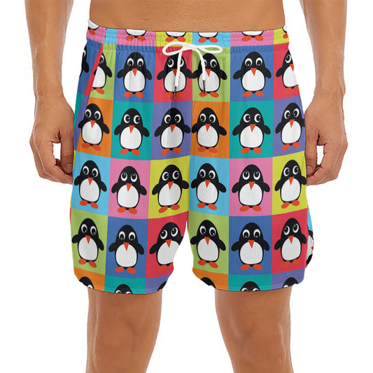 Cute Colorful Penguin Pattern Print Men's Split Running Shorts