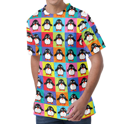 Cute Colorful Penguin Pattern Print Men's Velvet T-Shirt