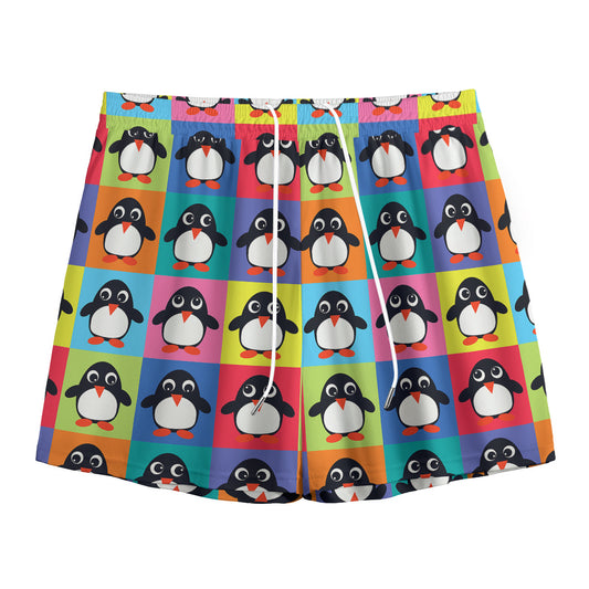 Cute Colorful Penguin Pattern Print Mesh Shorts