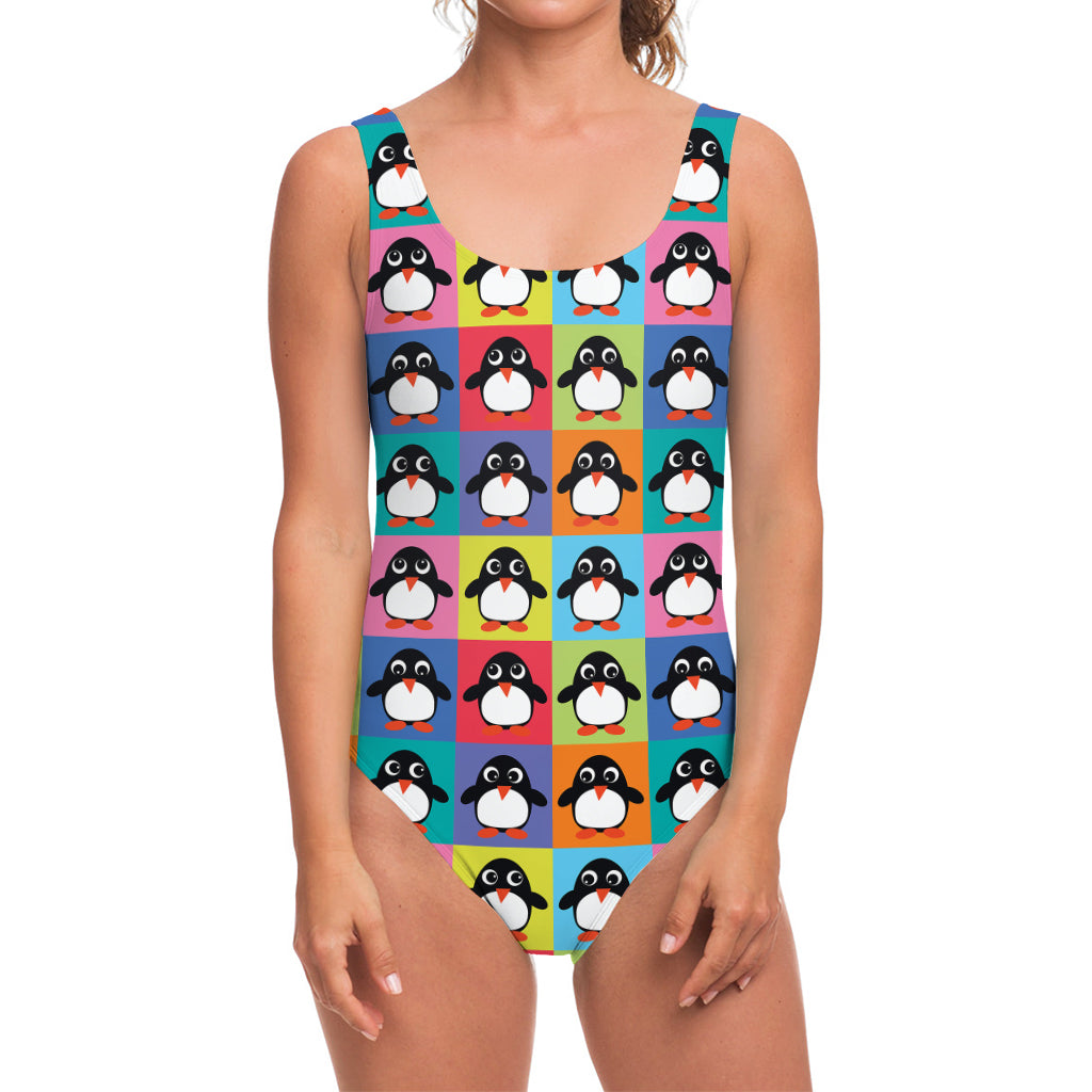 Cute Colorful Penguin Pattern Print One Piece Swimsuit