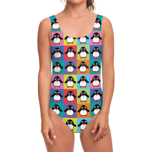 Cute Colorful Penguin Pattern Print One Piece Swimsuit