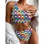Cute Colorful Penguin Pattern Print One Shoulder Bikini Top