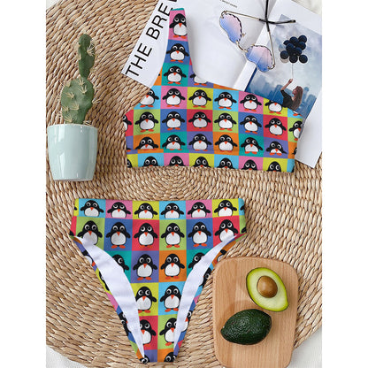 Cute Colorful Penguin Pattern Print One Shoulder Bikini Top