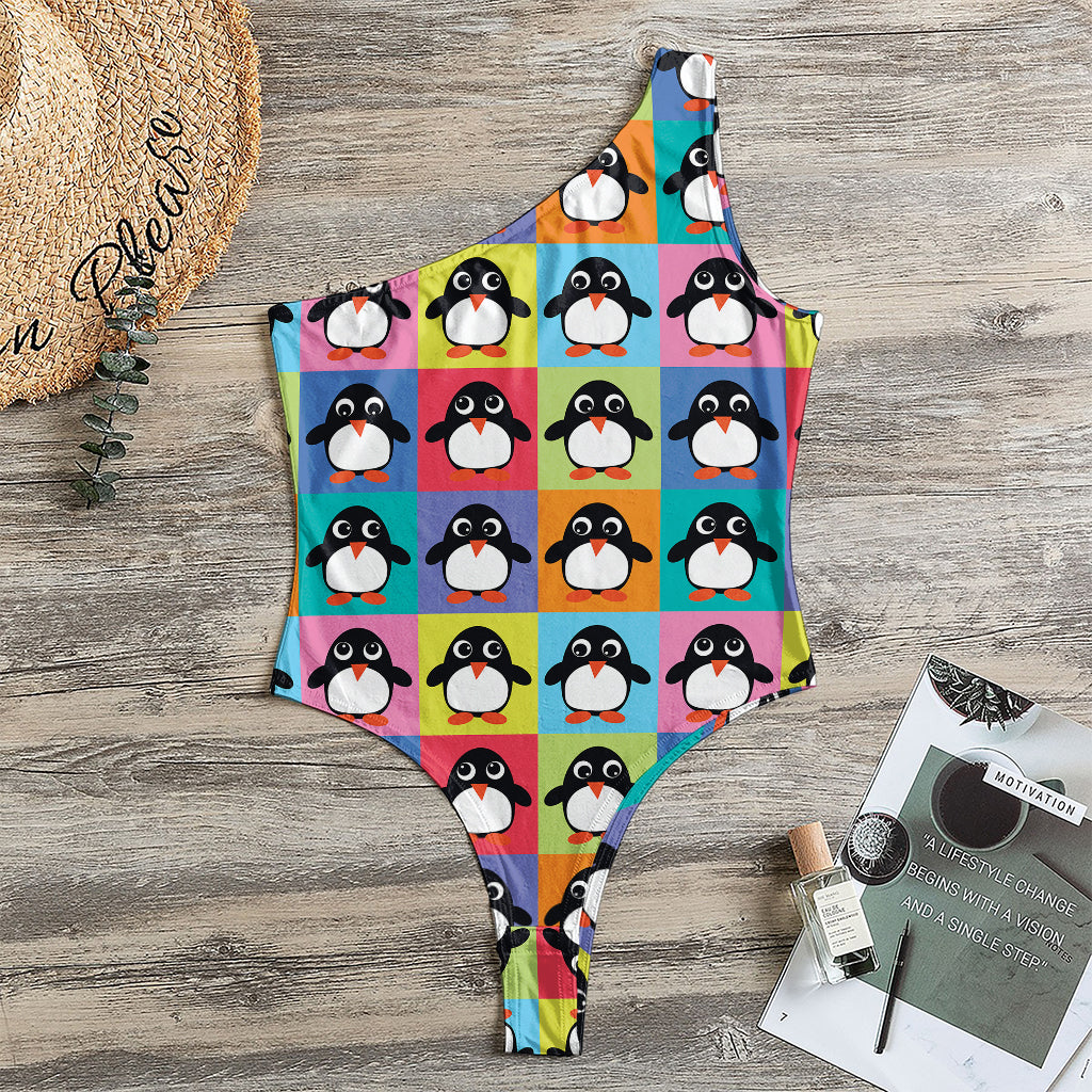 Cute Colorful Penguin Pattern Print One Shoulder Bodysuit
