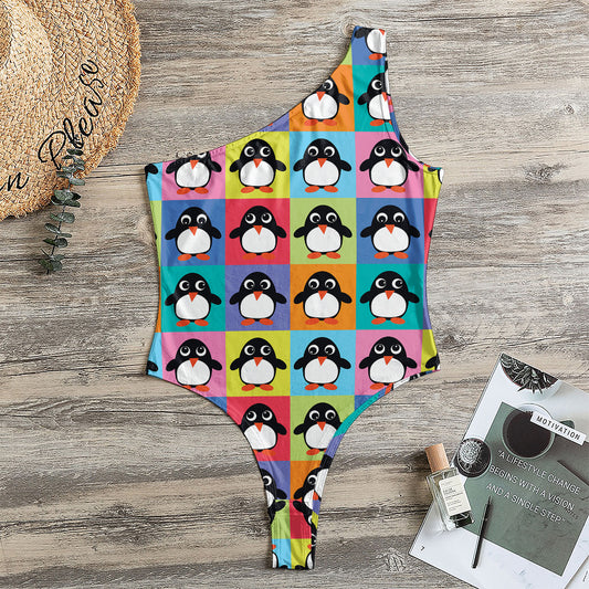 Cute Colorful Penguin Pattern Print One Shoulder Bodysuit