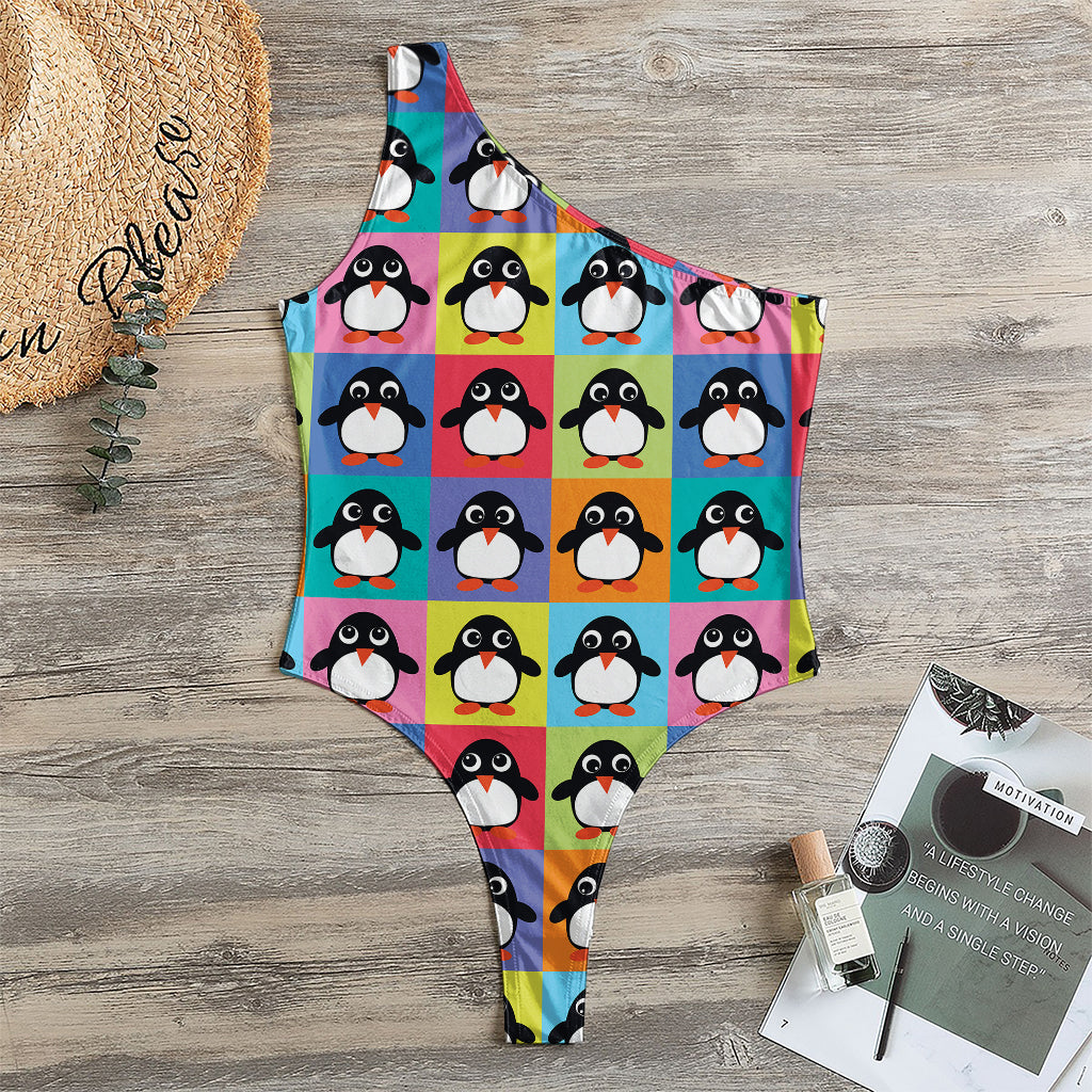 Cute Colorful Penguin Pattern Print One Shoulder Bodysuit