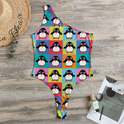 Cute Colorful Penguin Pattern Print One Shoulder Bodysuit