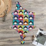 Cute Colorful Penguin Pattern Print One Shoulder Bodysuit